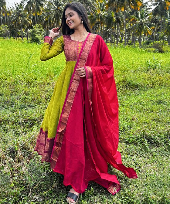 Piraka Cotton Maxi with Dupatta for Women