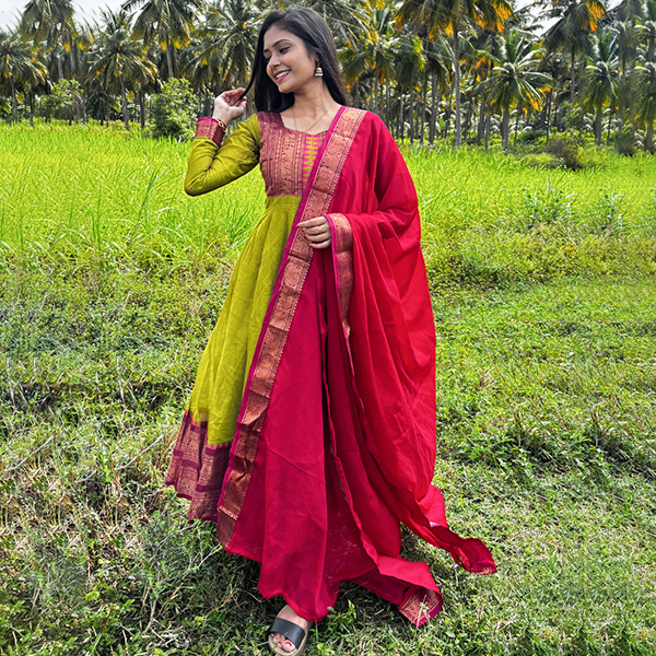 Piraka Cotton Maxi with Dupatta for Women